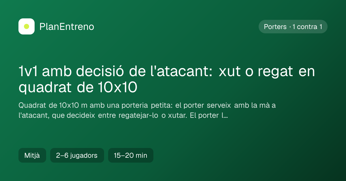 Diagrama de l'exercici 1v1 amb decisió de l'atacant: xut o regat en quadrat de 10x10