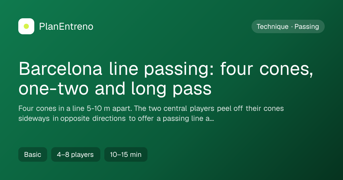 Diagram of the drill Barcelona line passing: four cones, one-two and long pass