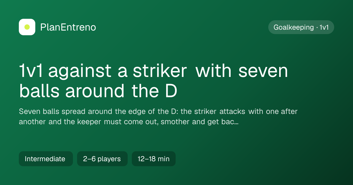 Diagram of the drill 1v1 against a striker with seven balls around the D