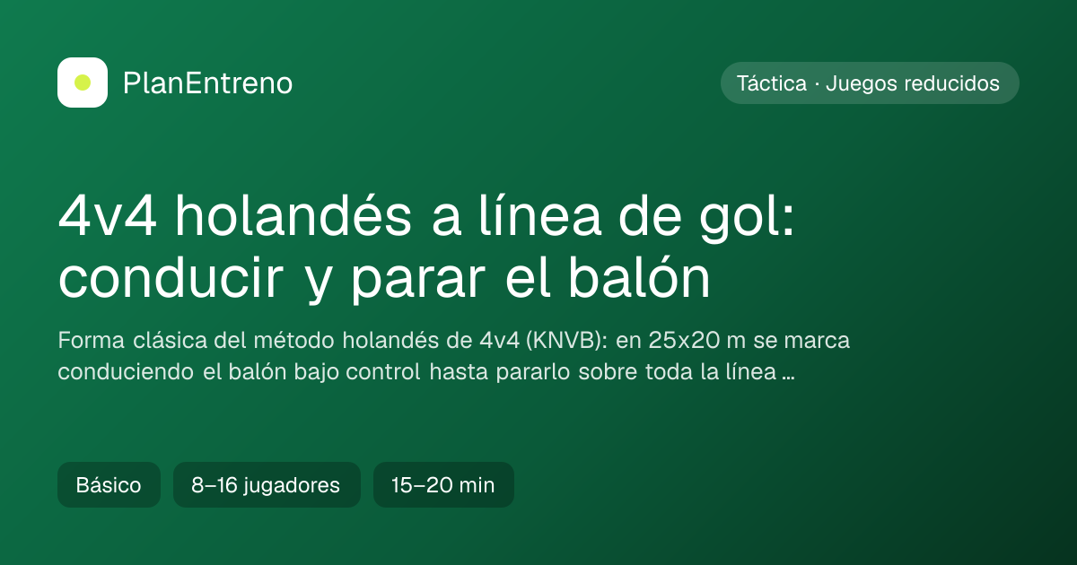 Diagrama del ejercicio 4v4 holandés a línea de gol: conducir y parar el balón