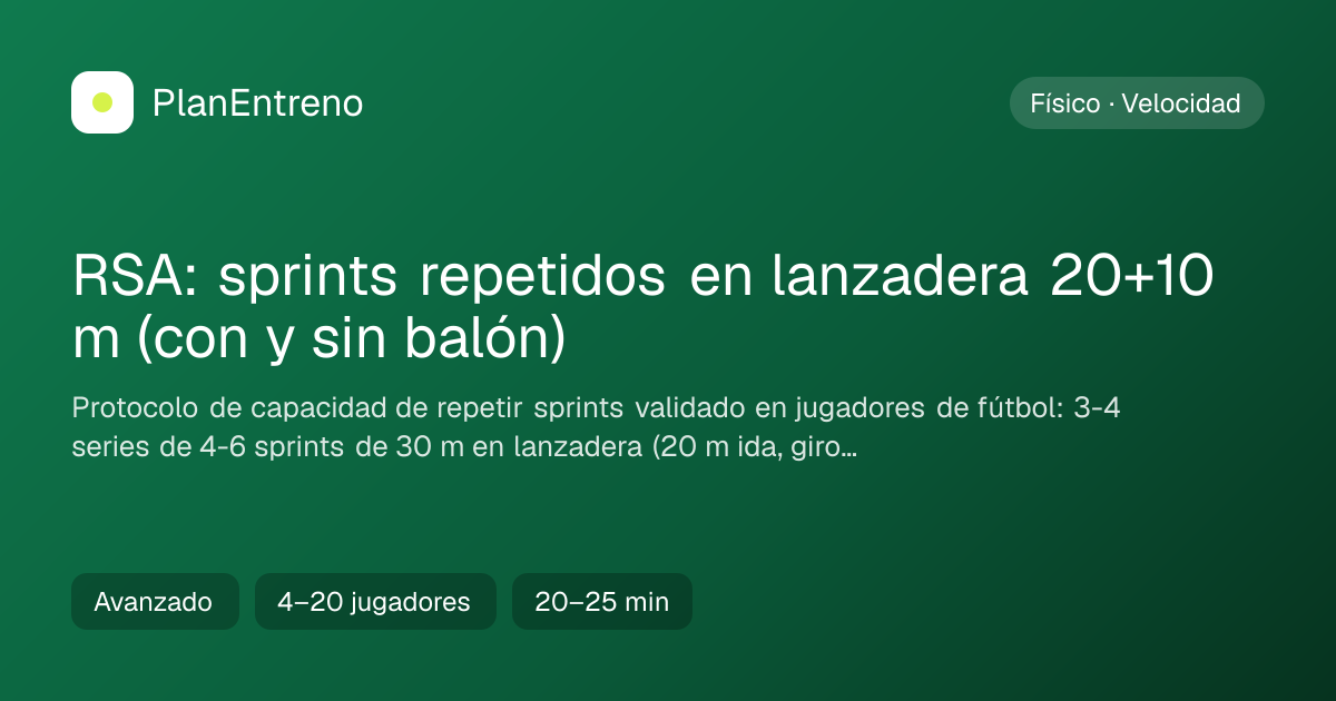 Diagrama del ejercicio RSA: sprints repetidos en lanzadera 20+10 m (con y sin balón)